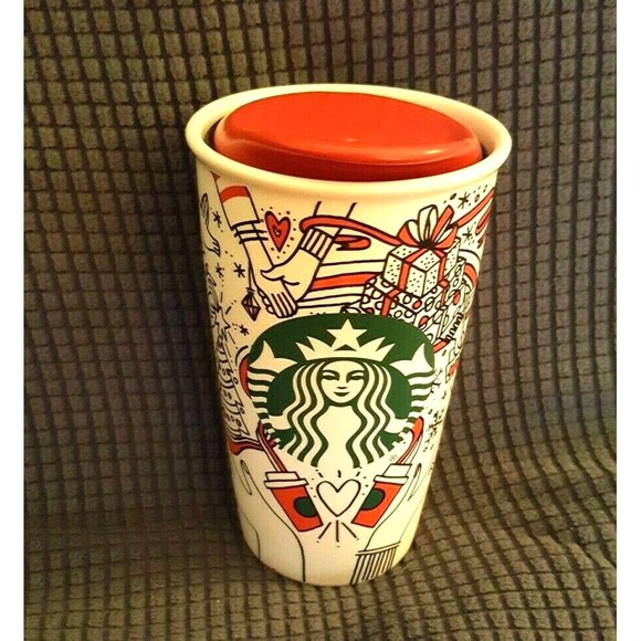 Starbucks Ceramic Tumbler 12oz Holiday 2017 Coffee Cup with Red Lid Travel Mug - Picture 4 of 12